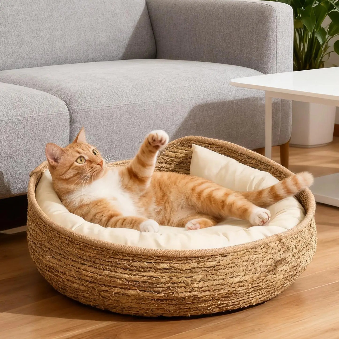 Round Cat Basket Bed – Cotton Rope with Pillow for All Seasons
