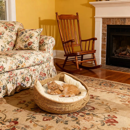 Round Cat Basket Bed – Cotton Rope with Pillow for All Seasons