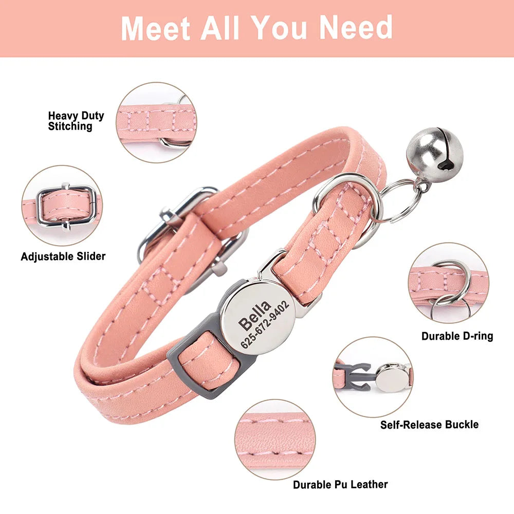Custom Cat Collar – PU Leather Safety Breakaway with Free Engraving
