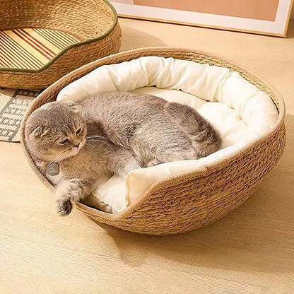 Round Cat Basket Bed – Cotton Rope with Pillow for All Seasons
