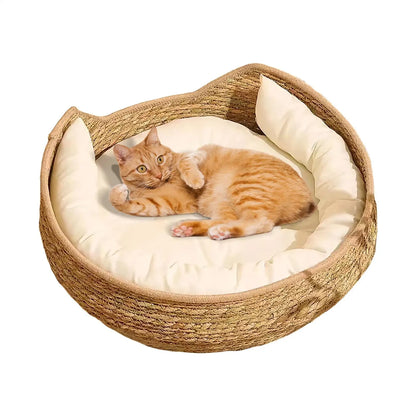 Round Cat Basket Bed – Cotton Rope with Pillow for All Seasons